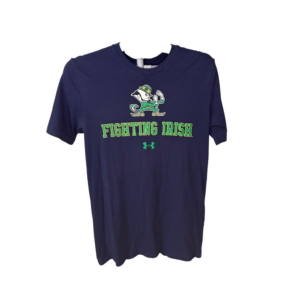 Under Armour Notre Dame Fighting Irish Shirt Mens Small Navy Blue Leprechaun Tee